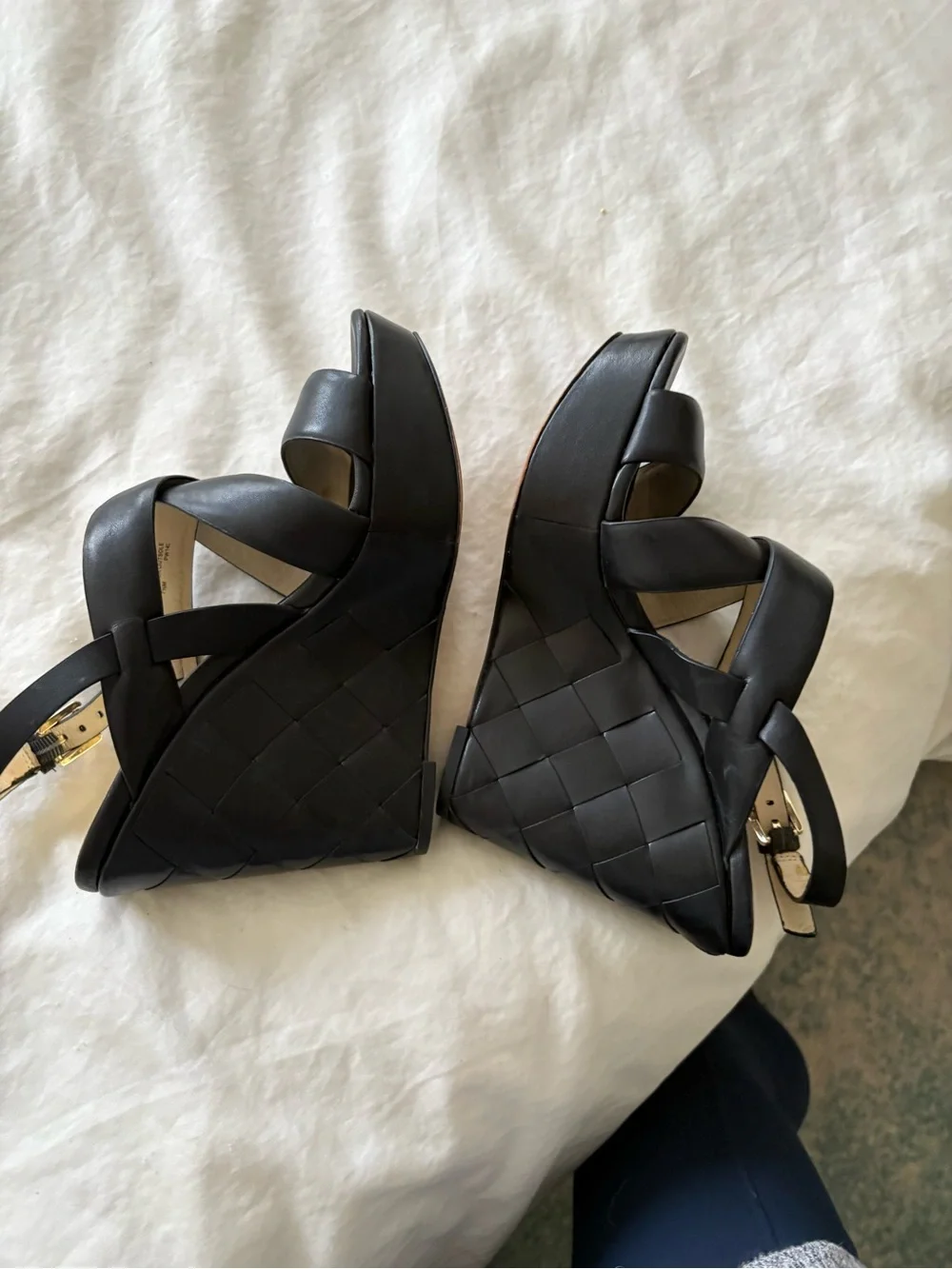 Michael Kors Black Woven Leather Wedge Sandals